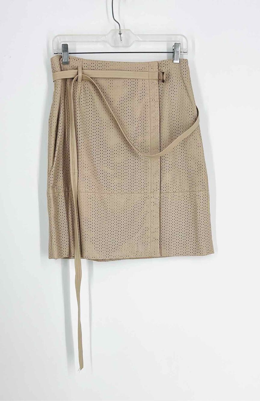 Worth Size 6 Beige Laser Cut Leather Belted Designer Skirt